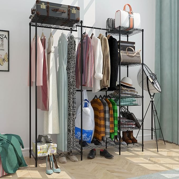 Xiofio 6 Tiers Heavy Duty Garment Rack,Metal Clothing Rack,Clothing Storage Rack,Closet Organizer System Freestanding & Adjustable Wardrobe 60.7" L x 15.7" W x 70.5" H Max Load 720LBS Black