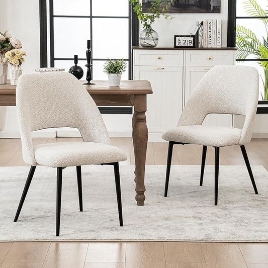 Rowill Dining Chairs Set of 2 Upholstered Dining Room Chairs Mid Century Modern Dining Chairs Kitchen Chairs Accent Chair with Metal Legs for Living Room Bedroom, Boucle Fabric Beige