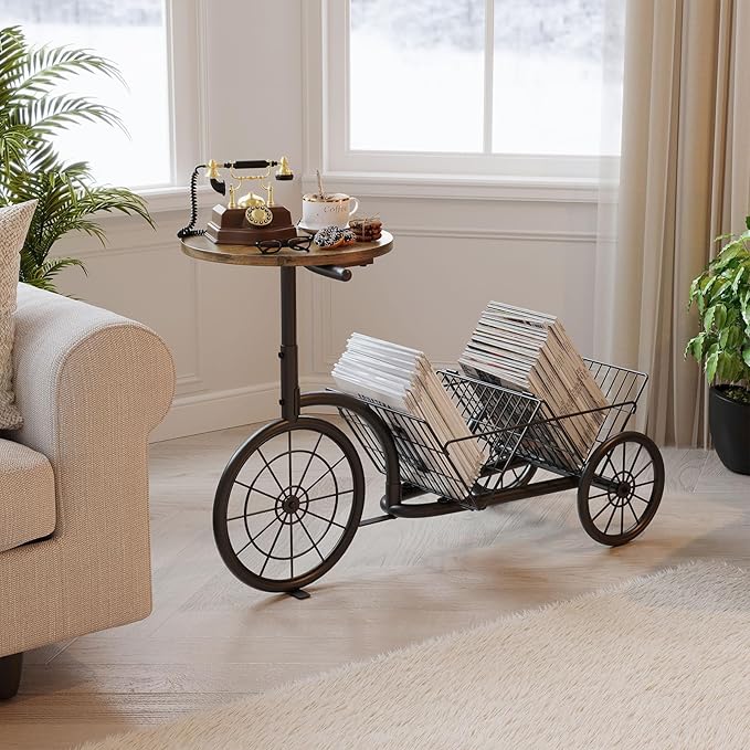 Bike Style End Table, Modern Industrial Side Table with Coffee Bar, Rustic Sofa Table with Vinyl Record Storage, Creative Magazine Holder Organizer for Living Room and Office
