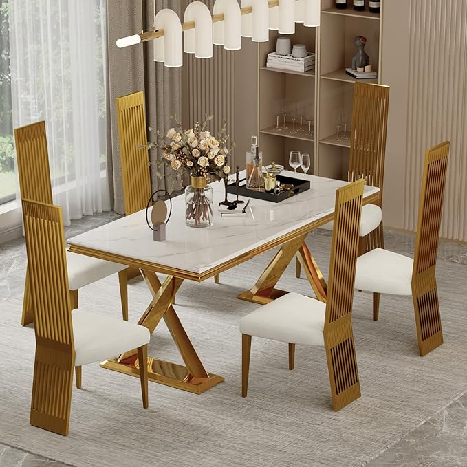 White and Gold Dining Chairs Set of 2, Upholstered High Back Dining Chairs with Brushed Stainless Steel Backrest and Legs, Modern Luxury Dining Room Chairs for Kitchen Living Room Restaurant