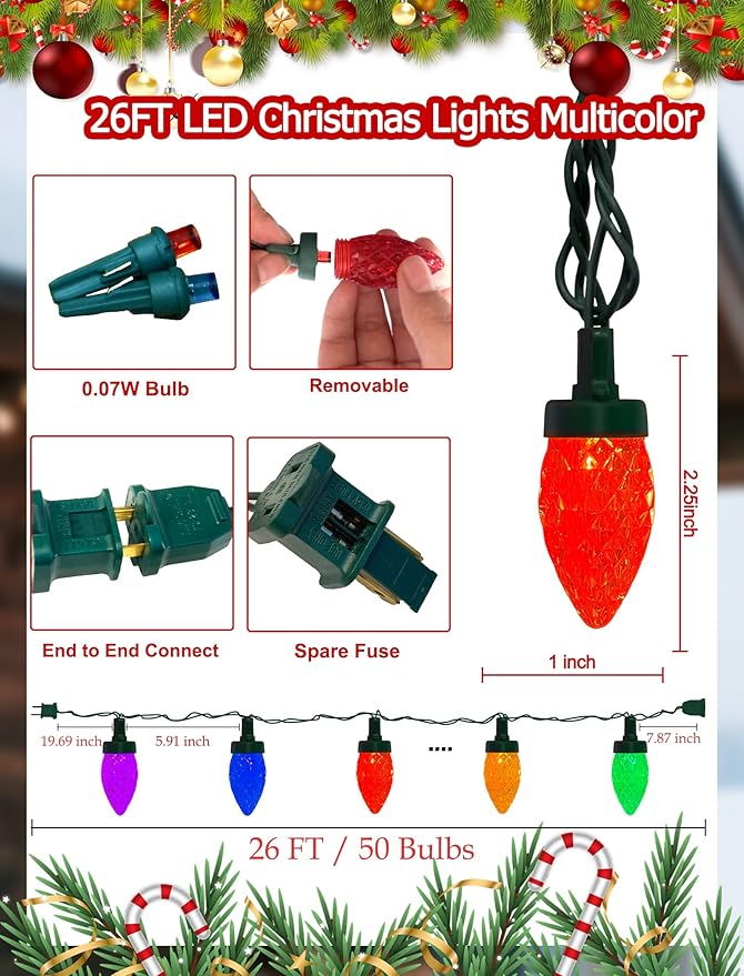 C7 LED Christmas Lights Outdoor,50 LED Multicolor C7 Christmas Light 0.07w per Diamond Bulb,26FT Xmas Lights Outdoor for House, Yard, Garden, Christmas Tree Decoration, Green Wire