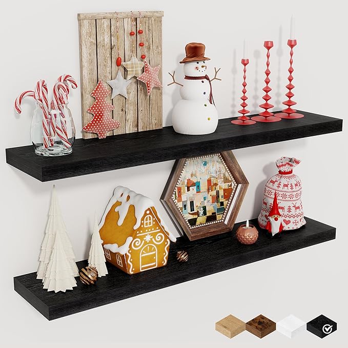 Fun Memories Floating Shelves for Wall, 30" Rustic Wood Deep Wall Mounted Shelves with Invisible Brackets for Decor & Storage, Floating Shelf for Living Room, Bathroom (Black, Set of 2)