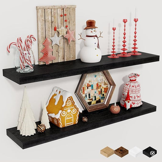 Fun Memories Floating Shelves for Wall, 30" Rustic Wood Deep Wall Mounted Shelves with Invisible Brackets for Decor & Storage, Floating Shelf for Living Room, Bathroom (Black, Set of 2)