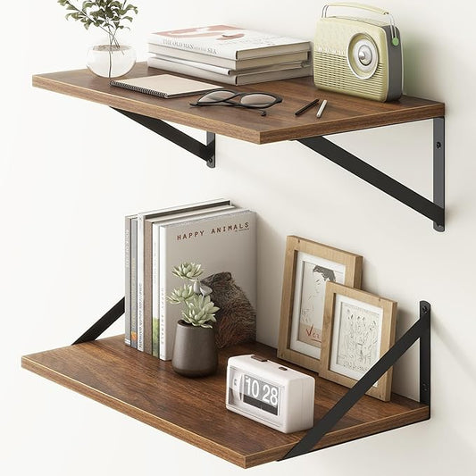 Fun Memories 20 Inch Floating Shelves, Deep Wall Shelves for Kitchen, 20 x 12 Floating Shelf for Living Room, Bedroom, Farmhouse Floating Shelves for Home Decor Storage, Walnut, Set of 2