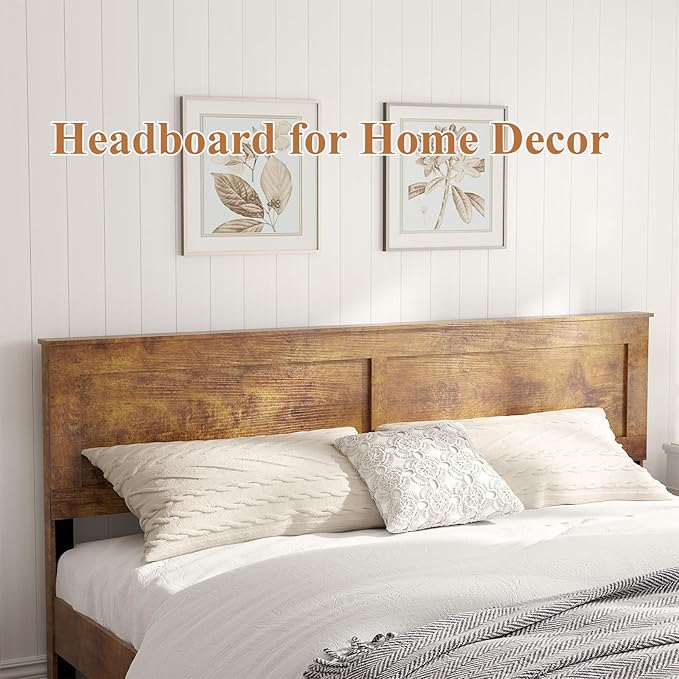 Wooden Bed Frame King Size with Headboard, Farmhouse Platform Bedframe with Wood Slat Support, Sturdy Framework Bed Frame, Easy Assembly (Rustic Brown)