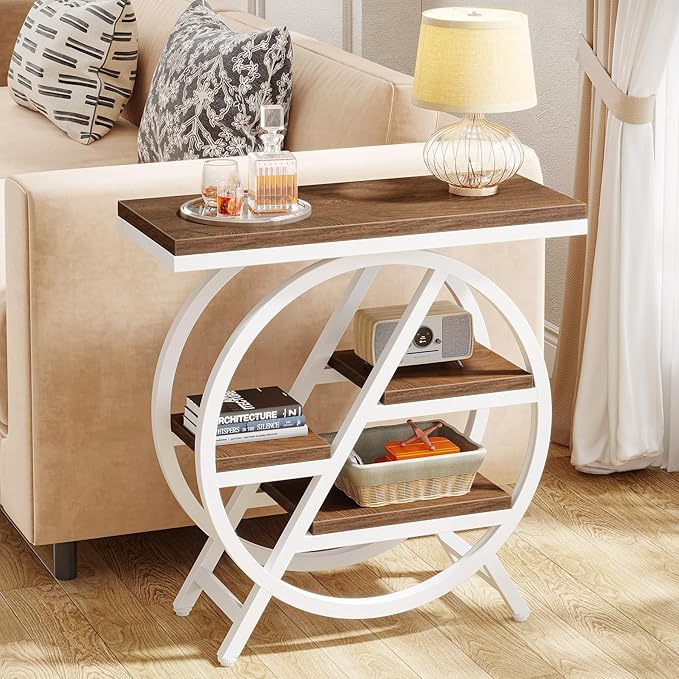 Tribesigns End Table for Living Room, 3-Tier Narrow Side Table with Storage, Wood Sofa Side Table with Geometric Metal Frame, Industrial Nightstand and Bedside Table for Bedroom (Light Brown+White)