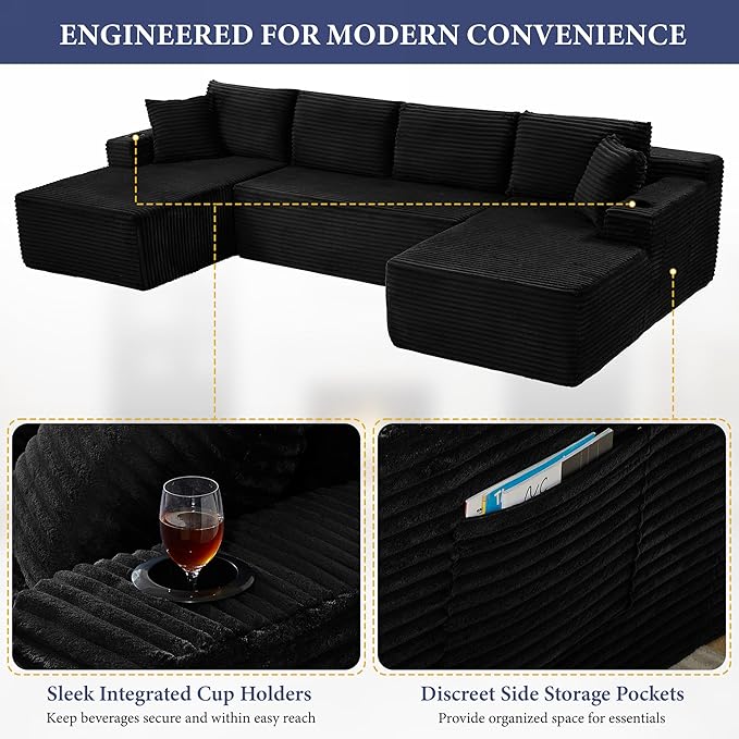 133" Couches for Living Room Deep-Seat Sectional Couch for Living Room Corduroy Boneless Couchs U-Shape Cloud Couch Flexible Modular Sectional Sofa with Chaise Lounge (Black, with Cup Holder)
