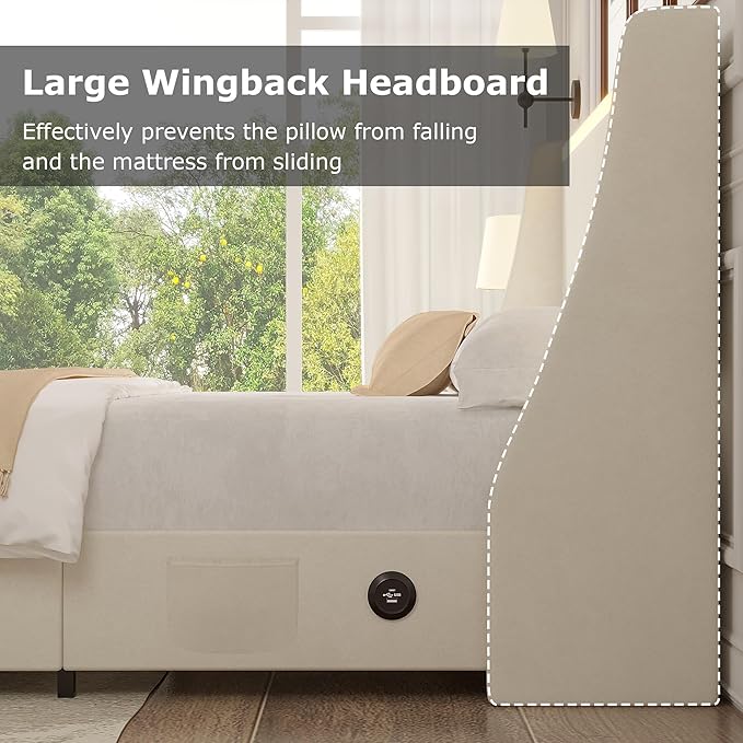 VECELO Full Size Bed Frame with Storage Drawers, Upholstered Platform Bedframe with Wingback Headboard, No Box Spring Needed, Beige