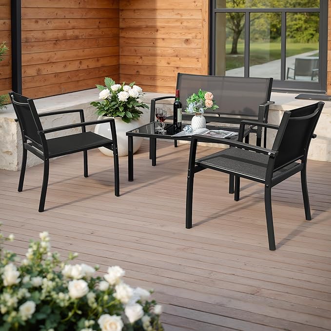 Greesum 4 Pieces Outdoor Furniture Set All Weather Patio Conversation Set with Porch Loveseat, Garden Bistro Chairs with Glass Coffee Table for Garden Backyard Poolside Textile Modern, Black