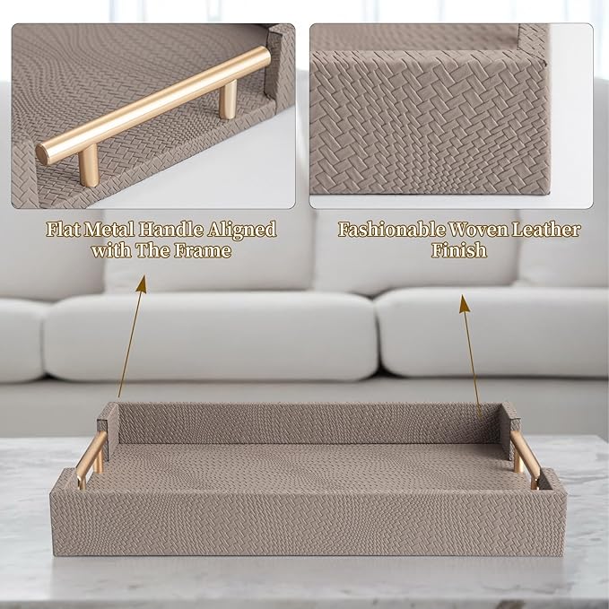 2 Piece Woven Leather Ottoman Tray with Gold Handles, Perfect Rectangular Serving Tray for Living Room, Coffee Table Tray as Thoughtful Gift for Home Decor Enthusiasts (Coffee Brown)