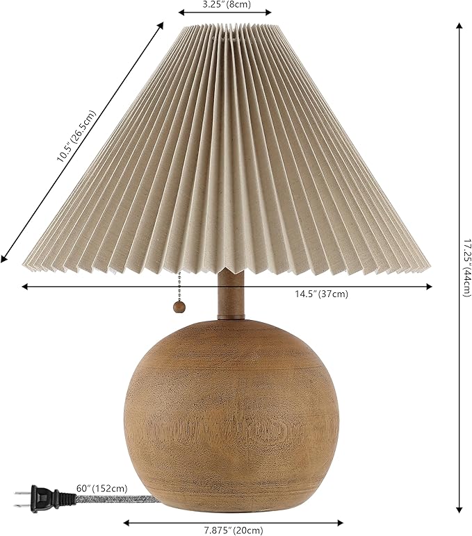 JONATHAN Y JYL1145A Aksel 17.25" Coastal Scandinavian Resin/Iron Sphere LED Table Lamp with Pleated Shade and Pull Chain, Brown Wood Finish/Beige, for Entry Console, Bedroom, Living Room