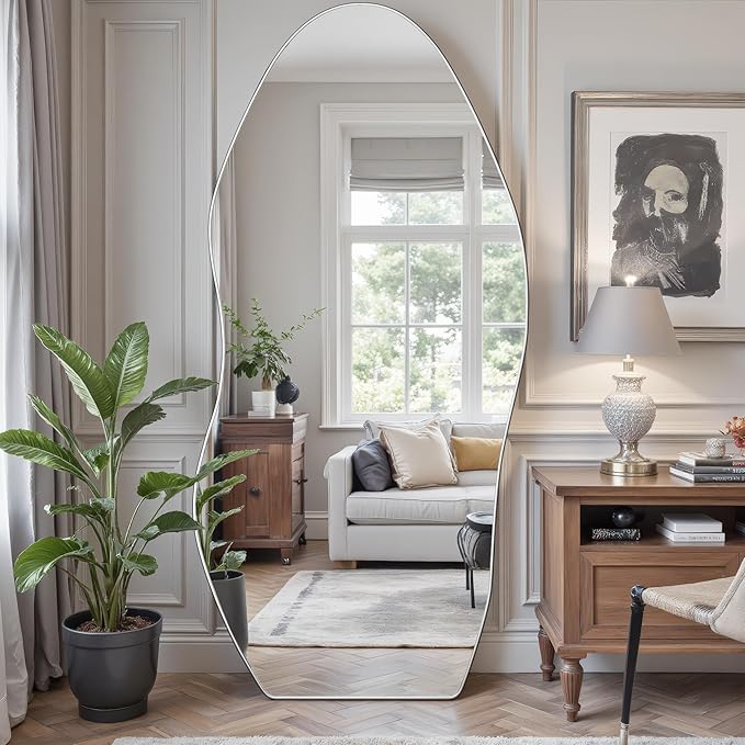 Antok Full Length Mirror, 76"x36" Floor Mirror with Stand, Standing Hanging Leaning Irregular Mirrors for Bedroom Living Room Entryway, Wavy Shaped, Silvery