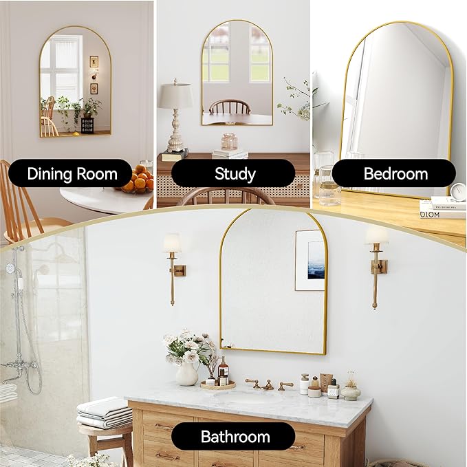 24x36 Arch Mirror Rectangle Full Length Wall Mounted Hanging or Against Wall Metal Aluminum Alloy Frame Dressing Make-up Mirrors for Entryway Bedroom Bathroom Living Room 24 36 inch Gold