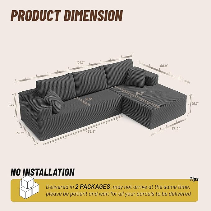 107" Boneless Couch with Deep Seat, Modular Sectional Sofa, Cloud Sectional Couch for Living Room, No Assembly Required, Corduroy, L-Shape Right?Grey