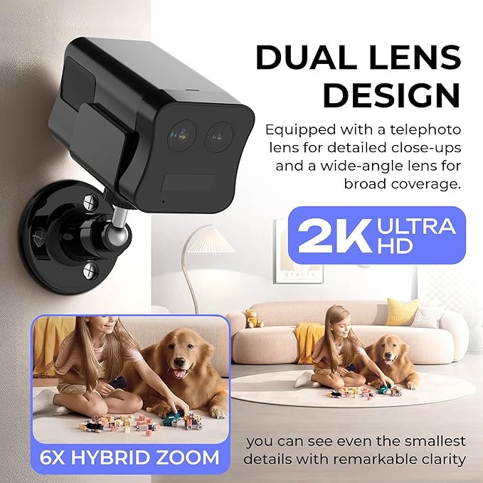 No WiFi Security Camera, 4G LTE Cellular Security Camera Wireless Indoor Cam with Night Vision, Built-in SIM Card, 20 Day Standby Battery, Dual Lens, 6X Hybrid Zoom, Human/PIR Motion