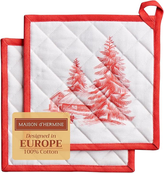 Maison d' Hermine Pot Holders Set 100% Cotton Heat Resistant Potholders 8" x 8" Hot Pads with Loop for Thanksgiving Christmas Decorations BBQ Cooking Baking Handling Hot Pans (Pack of 2, Winter Jouy)