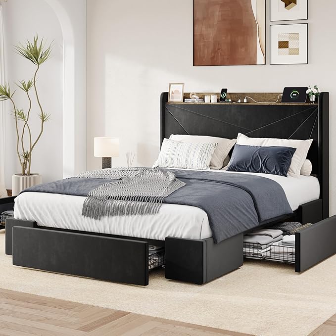 Allewie Full Size Velvet Bed Frame with 3 Storage Drawers, Upholstered Platform Bed with Wingback Storage Headboard and USB Ports, No Box Spring Needed, Easy Assembly, Black
