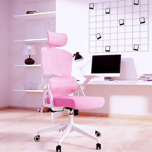 Ergonomic Office Chair - 400LB Comfy Desk Chairs with Adjustable Headrest and Lumbar Back Support, Mesh Computer Chairs with Wheels and Arms for Home Office, Study, Bedroom and Dorm (01pink)