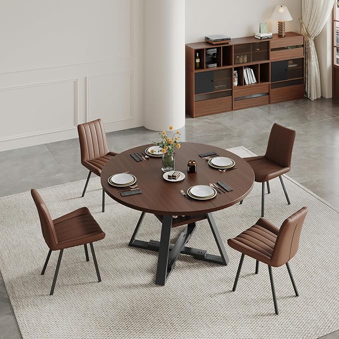 Walnut Round Dining Table Set for 4, Mid-Century Modern Kitchen Table and Chairs, Small Space Dining Room Furniture for Apartment, Breakfast Nook or Studio (Walnut wood-Storage Table+4 Brown Chairs)