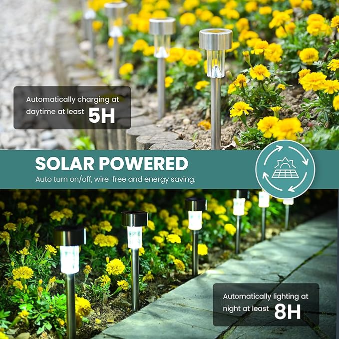 GIGALUMI 24 Pack Solar Path Lights Outdoor,Solar Lights Outdoor Waterproof,Stainless Steel LED Landscape Lighting,Solar Garden Lights for Driveway,Pathway,Patio,Yard