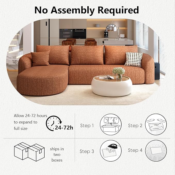 111" Modular Sectional Couches Luxury Modern Curved Back Sofa,Minimalist Comfy L-Shape Boneless Cloud Couch for Living Room Apartment,(Left Facing Chaise,Orange)