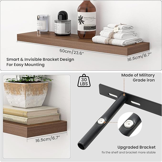 Heimlove 24 Inch Floating Shelves for Wall,Mounted Storage Wood Shelves with Invisible Brackets Hanging Shelf for Bedroom,Living Room,Kitchen,Office,Set of 2,Walnut Color
