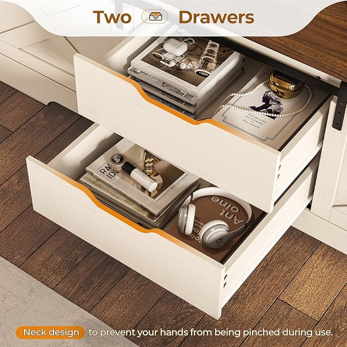 Farmhouse Storage Bench with Cushion, Shoe Rack with Slide Barn Doors, Adjustable Shelf and 2 Drawer for Entry, Bedroom, Closet, Living Room, Hallway (White Brown, 59.8 in)