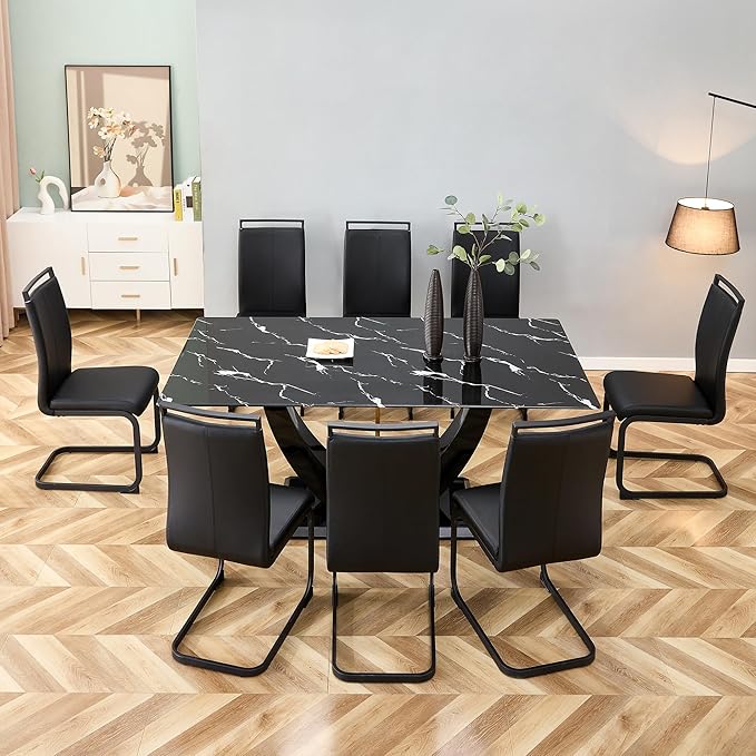 71" Dining Table Set for 8, Black Faux Marble Dining Room Table Set for 8, Large Rectangular Kitchen Table Set and PU Leather Chairs,Glossy Tempered Glass Table with Black Leg
