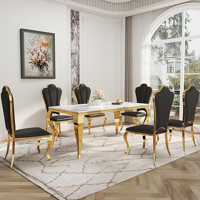 Dining Table Set for 6, 7-Piece Kitchen Table Chairs Set, Modern Dining Room Set with 70'' Marble Dinner Table and 6 Petaloid Backrest Upholstered Chairs for Kitchen, Black & Gold
