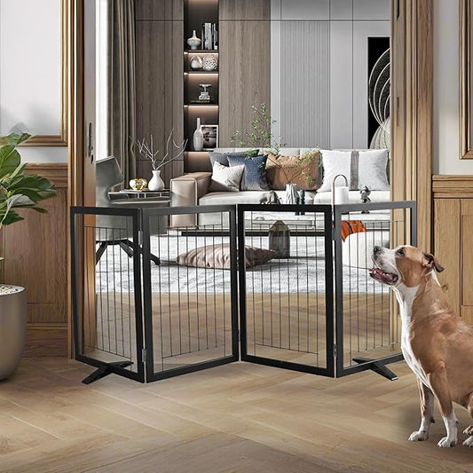 ZJSF Freestanding Dog Gate Indoor, Foldable Dog Fence for Doorways,Hallways or Stairs, Sturdy Wood Extra Wide Pet Gate with Support Feet,Black,32 "Height-4 Panels