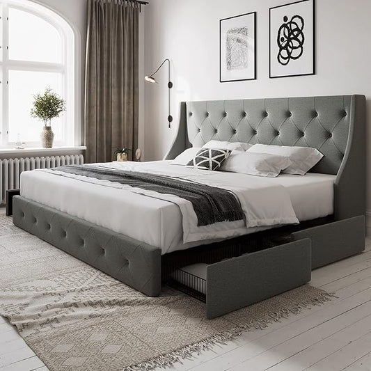 Allewie Full Size Bed Frame with 4 Storage Drawers and Wingback Headboard, Button Tufted Design, No Box Spring Needed, Light Grey