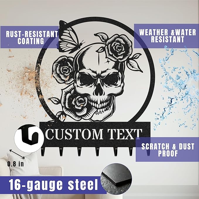 Personalized Key Holder for Wall, Custom Metal Rose Skull Key Hooks with Name, Metal Jacket Holder Hooks Organizer Rack, Coat Hanger Decor for Kitchen, Entryway, Hallway, Office