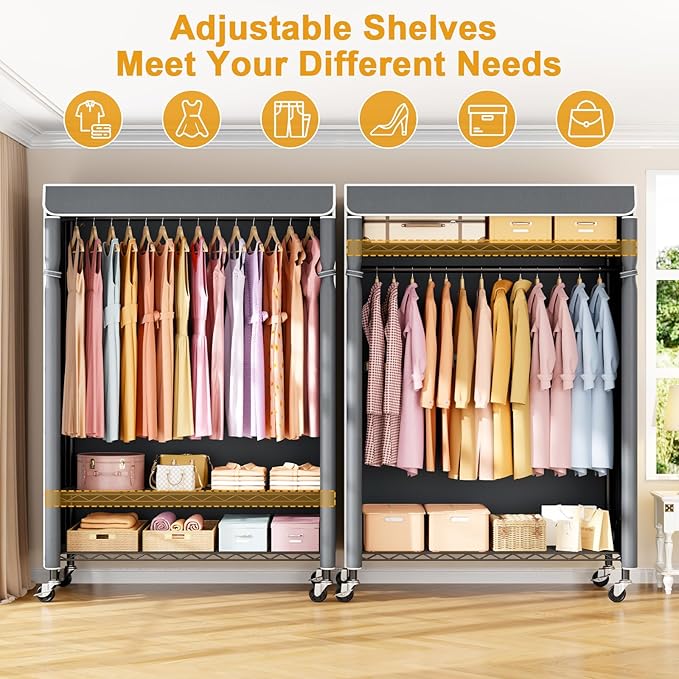 P6C Plus Rolling Clothes Rack with Cover, Covered Clothing Rack Heavy Duty, Portable Closet for Hanging Clothes, Garment Rack on Wheels, Black Closet Rack with Gray Cover, Max Load 375LBS