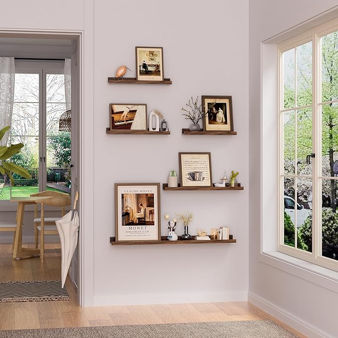 Heimlove Floating Shelves Set of 6, 24" Wall Mounted Picture Ledge, Display Shelf Organizer for Decor Storage, Wall Mounted Shelves for Living Room, Bedroom, Bathroom, Kitchen (Walnut)