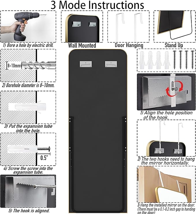 57x20 Door Hanging Full Length Mirror, Floor (Height 5.7ft just Body in 1.3ft) or Wall Mounted Metal Frame Rectangle Dressing Mirrors for Bedroom Bathroom Living Room 57 inch Gold