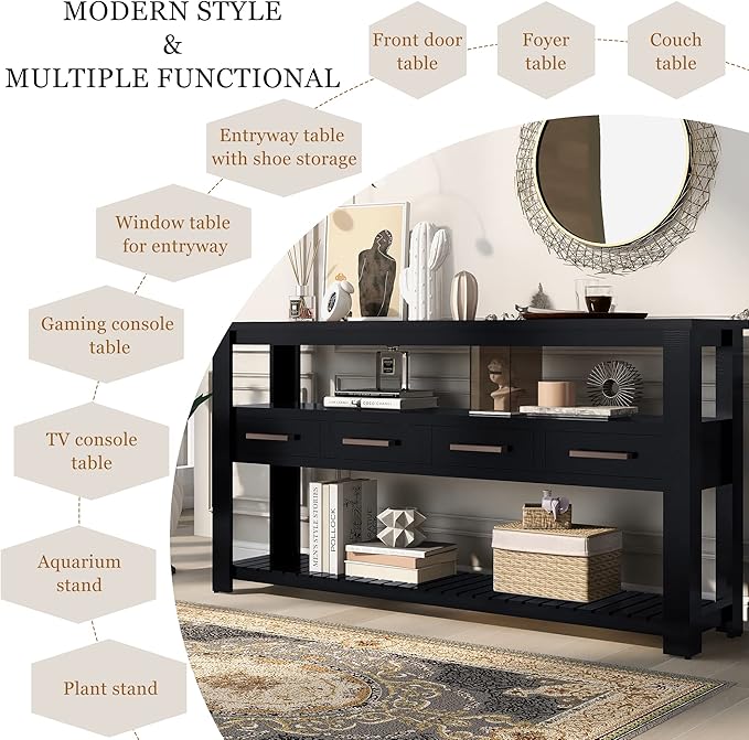 Modern 62'' Console Table Sofa Entryway Table with 4 Drawers and 2 Shelves, Acacia Wood Kitchen Buffet Cabinet Sideboard, Accent Table Furniture for Entryway Kitchen Living Room (Black-4DE)