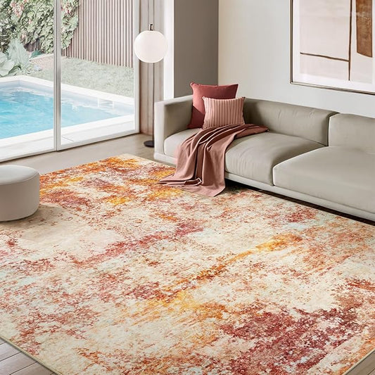 Area Rug Living Room Rugs - 10x14 Washable Modern Neutral Abstract Rugs Soft Low Pile No Slip Stain Resistant Rug Indoor Large Carpet for Bedroom Dining Room Nursery Room Home - Pink/Orange