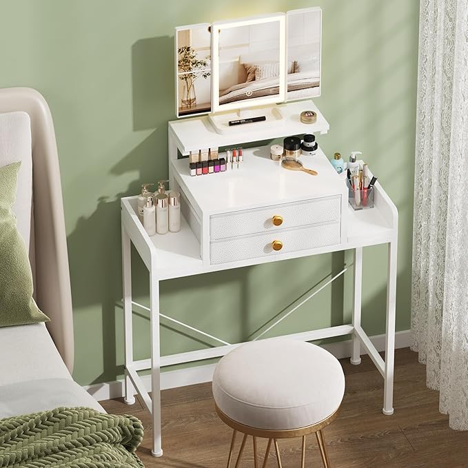 Vanity Desk with Mirror and Lights, 28.4''W Small Makeup Vanity Table with Height-Adjustable Stand, 2 Fabric Drawers Compact Makeup Desk, Gift for Girls, Bedroom Small Space, White