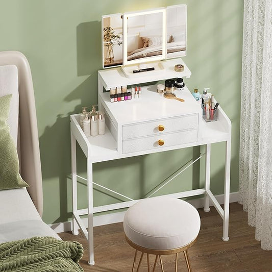 Vanity Desk with Mirror and Lights, 28.4''W Small Makeup Vanity Table with Height-Adjustable Stand, 2 Fabric Drawers Compact Makeup Desk, Gift for Girls, Bedroom Small Space, White