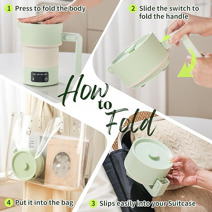 Travel Electric Kettle-Collapsible Portable Electric Kettle, 600W Foldable Small Water Boiler with 4-Temp Presets, Food Grade Silicone for Hotel, Office, Camping (Green, 600mL)