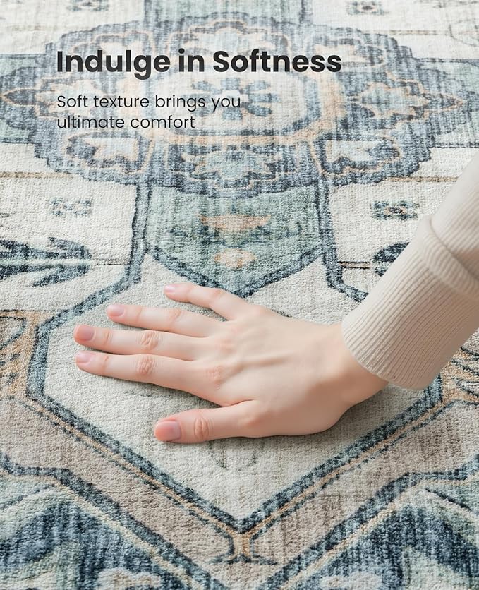 AMADA HOMEFURNISHING 8x10 Washable Area Rug, Low-Profile Large Area Rug with Non-Slip Backing & Durable Edge Binding, Vintage Large Rugs for Living Room, Bedroom, Dinning Room