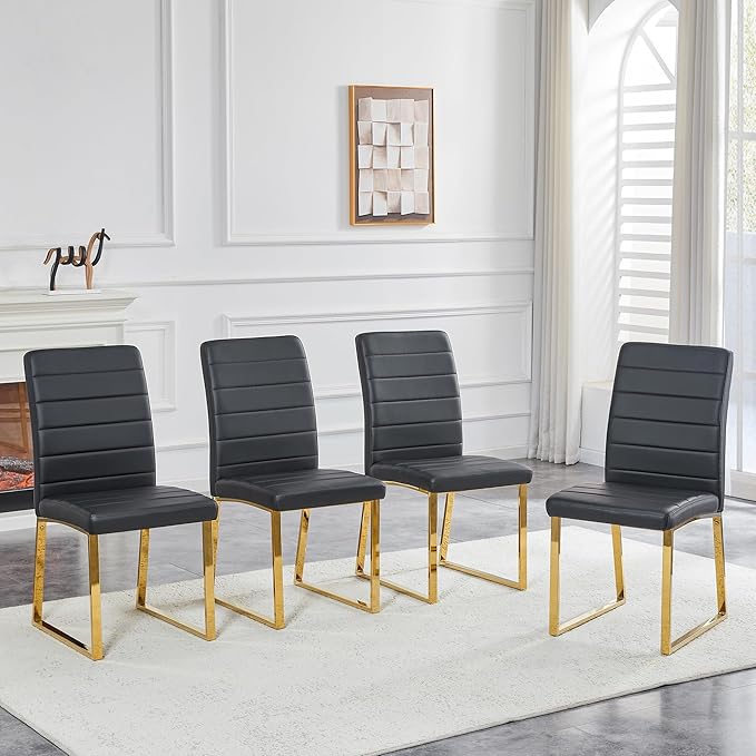 Modern Dining Chairs Set of 4, White Faux Leather Kitchen Chairs, Upholstered Armless Dining Room Chair with Gold Mental Legs Heavy Duty, Comfortable (Black and Gold, Set of 4)