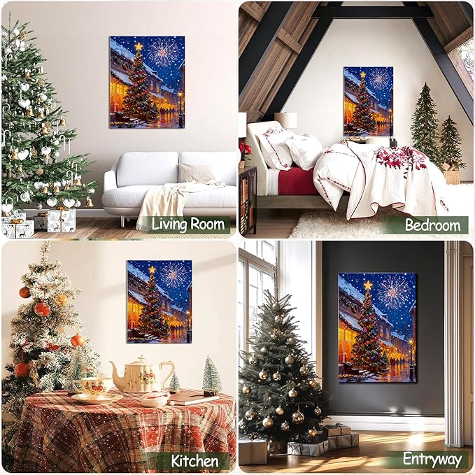Vintage Christmas Tree and Fireworks Canvas Wall Art - Festive Framed Canvas Prints for Home Office Decor, Rustic Christmas Wall Art Picture, Ideal Christmas Gifts & Festive Decorations