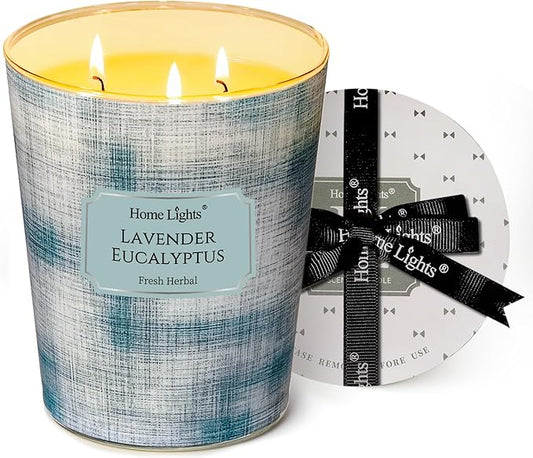 HomeLights 3-Wick Candles for Home Scented - 34oz Soy Wax Blend Candle Long-Lasting Fragrance, Scandinavian Minimalist Design Home Decor and Housewarming Gifts, Lavender Eucalyptus