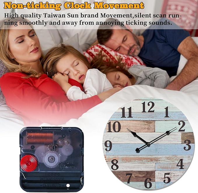 24 Inch Blue Woodgrain Shiplap Wall Clocks for Living Room Decor, Large Farmhouse Wall Clock,Coastal Beach Nautical Style,House Warming Gifts New Home