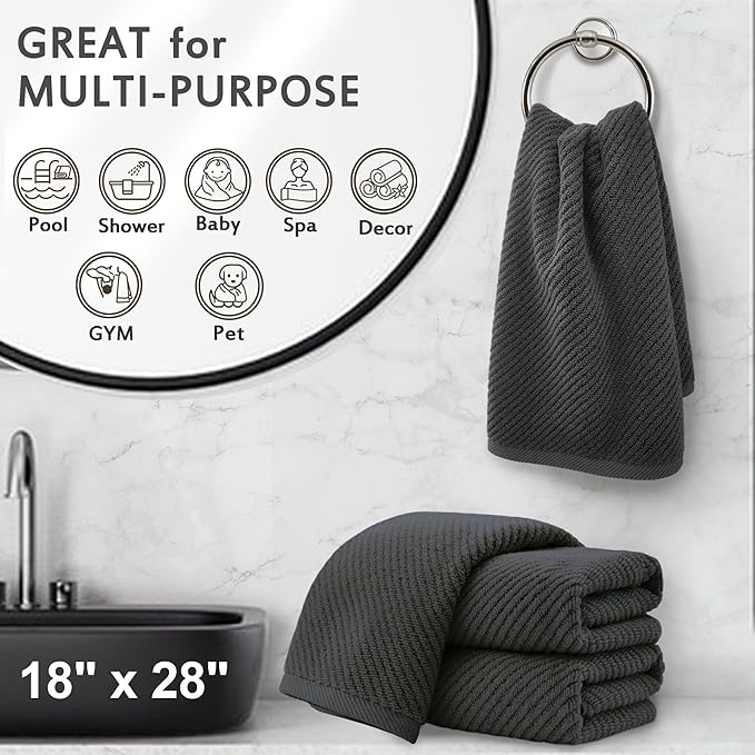 VOOVA & MOVAS Gray Hand Towels for Bathroom, Large 18" x 28" - 100% Cotton | Thick | Quick Dry | Lightweight | Absorbent | Soft, Hand Towels Set of 4, Bathroom Essentials, Dark Grey