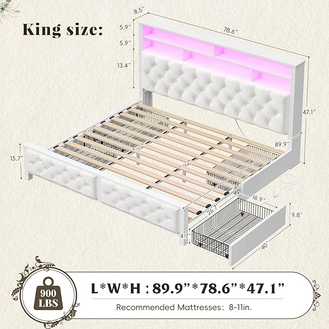 EnHomee King Size Bed Frame with 4 Drawers and Upholstered Storage Headboard,Wooden King Bed Frame with Charging Station and LED Lights,NO Noise,No Box Spring Needed,Beige
