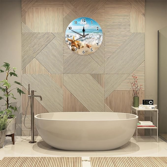 Ocean Sea Beach Starfish Seashell Wall Clock Battery Operated 10 in Round Wall Clocks Slilent Non Ticking Quartz Analog Clock for Bedroom Kids Living Room Classroom Decor