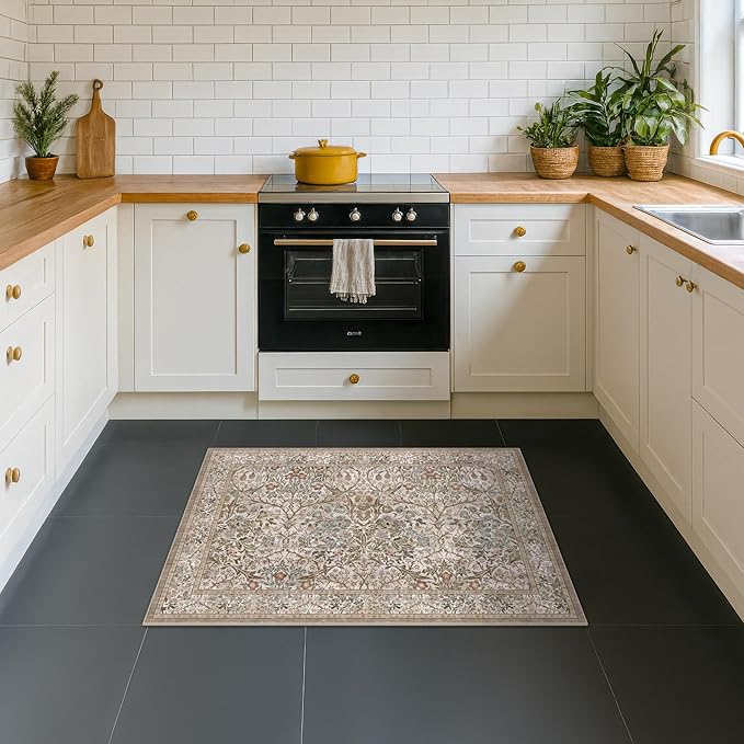 Moss Green Washable 2x3 Entry Rug - Front Door Rugs Indoor, Vintage Floral Style Small Rug for Kitchen, Bathroom, Non-Slip Boho Vintage Dark Taupe Entryway Décor