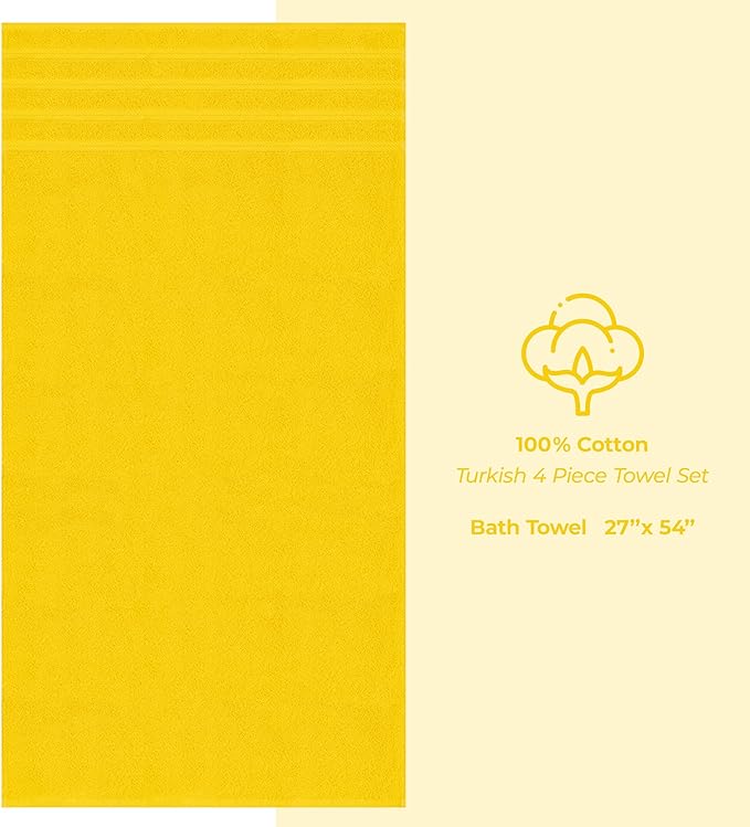 American Soft Linen Luxury 4 Piece Bath Towel Set, 600 GSM 100% Cotton Turkish Bath Towels for Bathroom, 27x54 in Extra Large Bathroom Shower Towels, Yellow